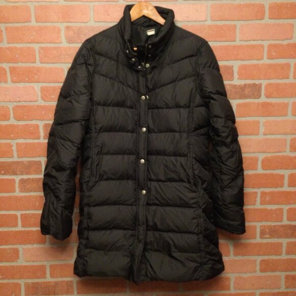 J Crew Womens Down Puffer Coat Size L Black Midi Length Zip Up Winter Jacket - Picture 1 of 8